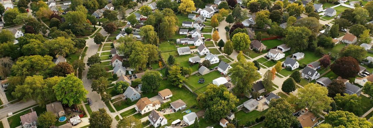 aerial view of neighborhood in the summer