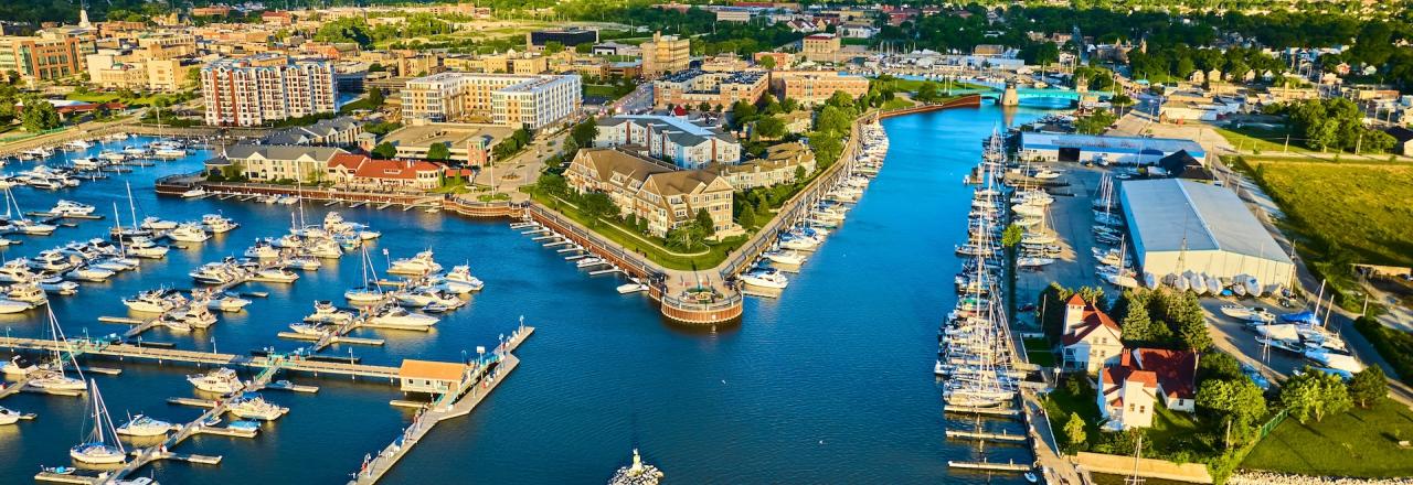 Aerial View of Marina at Golden Hour in Racine Wisconsin