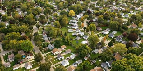 aerial view of neighborhood in the summer